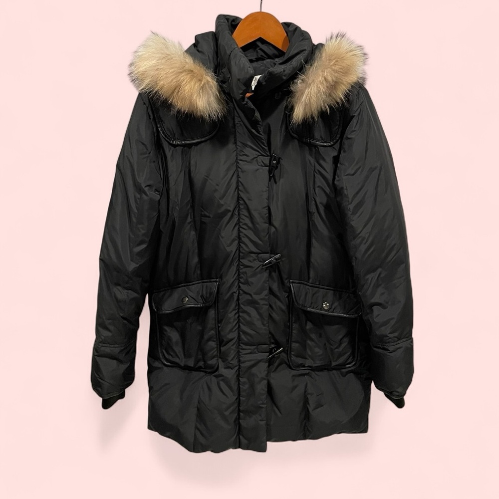 Warm cozy Larry Levine down feather black puffer coat fur collar pockets